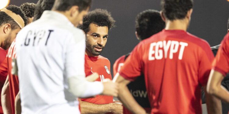 Egypt's forward Mohamed Salah and team mates attend a training session at an annex of the Olembe stadium in Yaounde on February 5, 2022 on the eve of the 2021 Africa Cup of Nations (CAN) final football match between Senegal and Egypt. (Photo by CHARLY TRIBALLEAU / AFP) (Photo by CHARLY TRIBALLEAU/AFP via Getty Images)