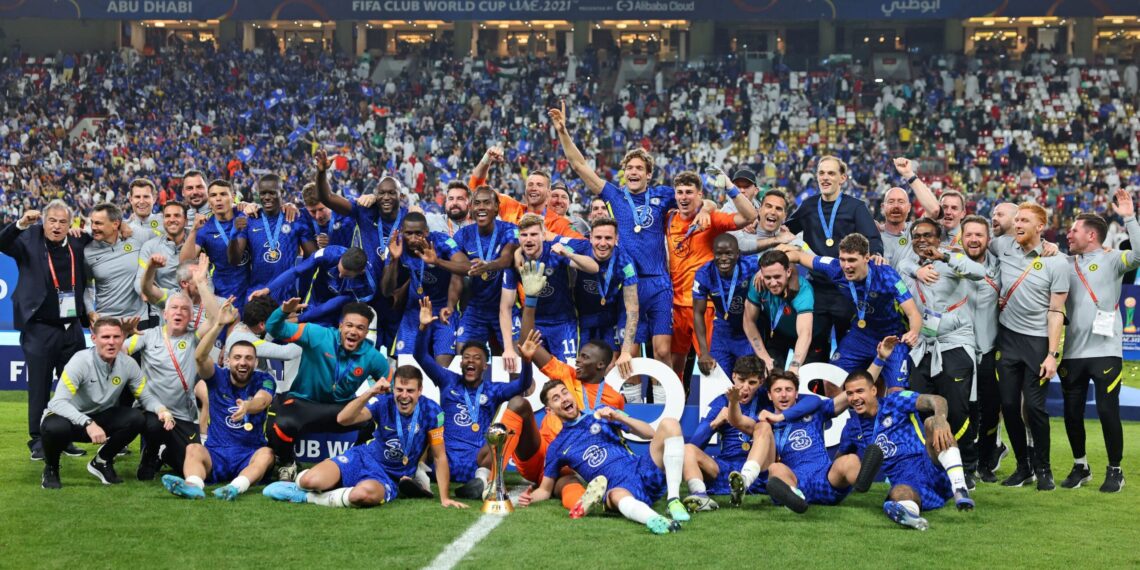 Chelsea's players celebrate after winning the 2021 FIFA Club World Cup final football match against Brazil's Palmeiras at Mohammed Bin Zayed stadium in Abu Dhabi, on February 12, 2022. (Photo by Giuseppe CACACE / AFP) (Photo by GIUSEPPE CACACE/AFP via Getty Images)