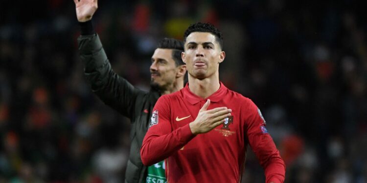 Portugal's forward Cristiano Ronaldo gestures at the end of the World Cup 2022 qualifying final first leg football match between Portugal and North Macedonia at the Dragao stadium in Porto on March 29, 2022. (Photo by MIGUEL RIOPA / AFP) (Photo by MIGUEL RIOPA/AFP via Getty Images)