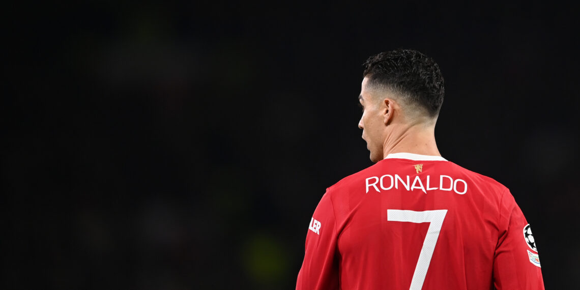 MANCHESTER, ENGLAND - MARCH 15: Cristiano Ronaldo of Manchester United looks on during the UEFA Champions League Round Of Sixteen Leg Two match between Manchester United and Atletico Madrid at Old Trafford on March 15, 2022 in Manchester, England. (Photo by Michael Regan/Getty Images)