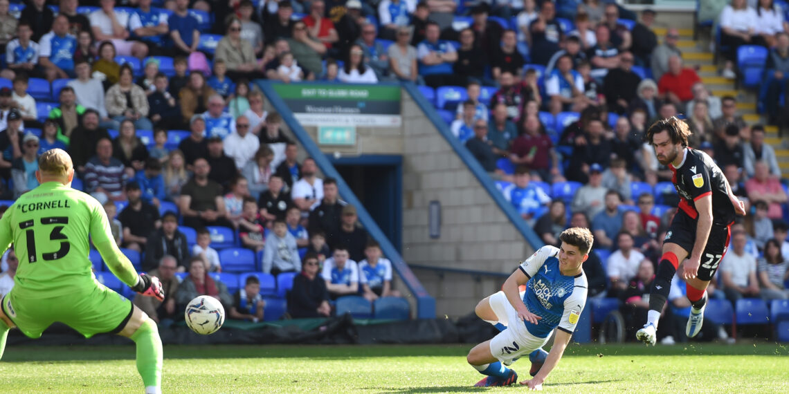 PETERBOROUGH, ENGLAND - APRIL 15: Ben Brereton of Blackburn Rovers scores their team's first goal during the Sky Bet Championship match between Peterborough United and Blackburn Rovers at London Road Stadium on April 15, 2022 in Peterborough, England. (Photo by Harriet Lander/Getty Images)