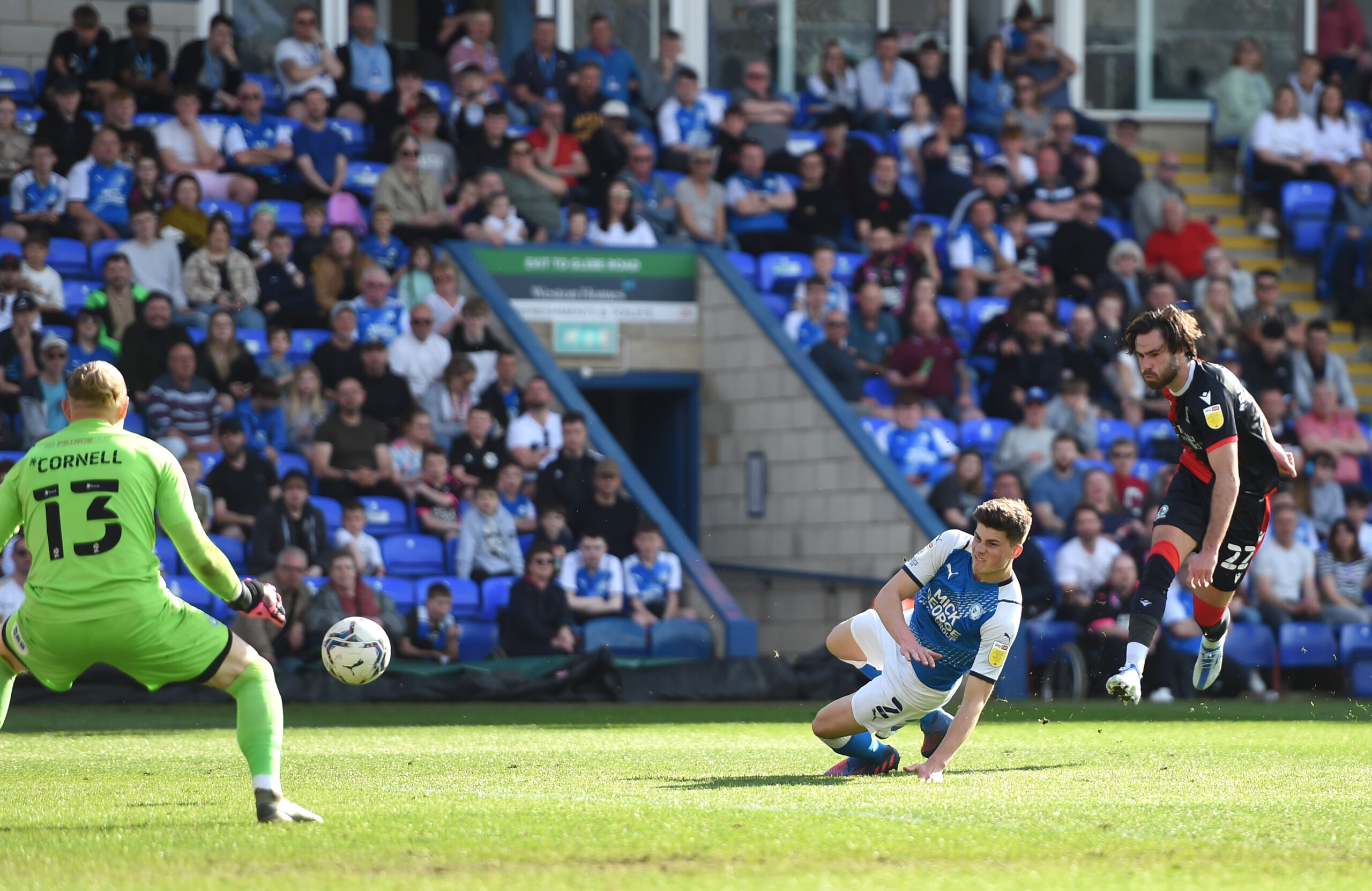 PETERBOROUGH, ENGLAND - APRIL 15: Ben Brereton of Blackburn Rovers scores their team's first goal during the Sky Bet Championship match between Peterborough United and Blackburn Rovers at London Road Stadium on April 15, 2022 in Peterborough, England. (Photo by Harriet Lander/Getty Images)