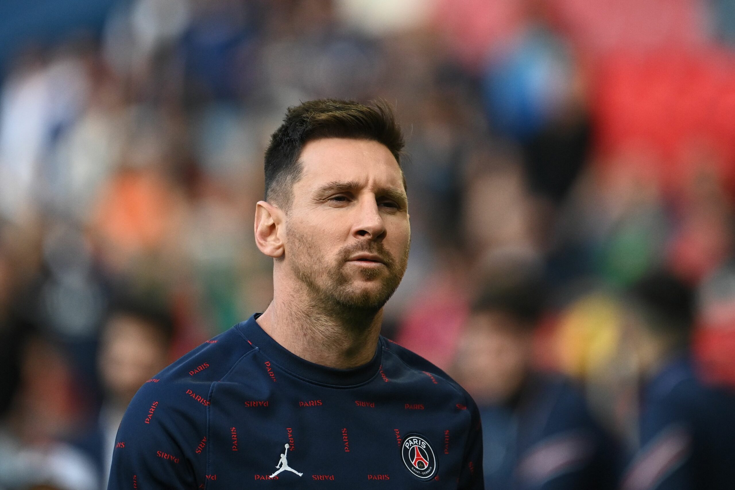 Paris Saint-Germain's Argentinian forward Lionel Messi looks on as he warms up prior to the start of the French L1 football match between Paris-Saint Germain (PSG) and ES Troyes AC at The Parc des Princes Stadium in Paris on May 8, 2022. (Photo by Anne-Christine POUJOULAT / AFP) (Photo by ANNE-CHRISTINE POUJOULAT/AFP via Getty Images)