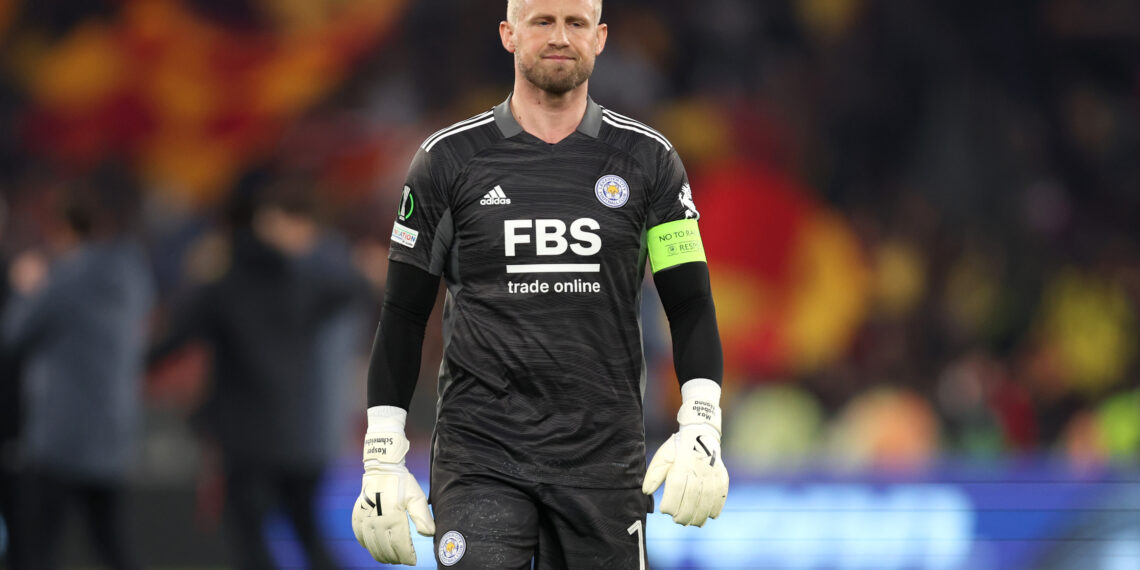 ROME, ITALY - MAY 05: Kasper Schmeichel of Leicester City looks dejected following their sides defeat in the UEFA Conference League Semi Final Leg Two match between AS Roma and Leicester City at Stadio Olimpico on May 05, 2022 in Rome, Italy. (Photo by Julian Finney/Getty Images)
