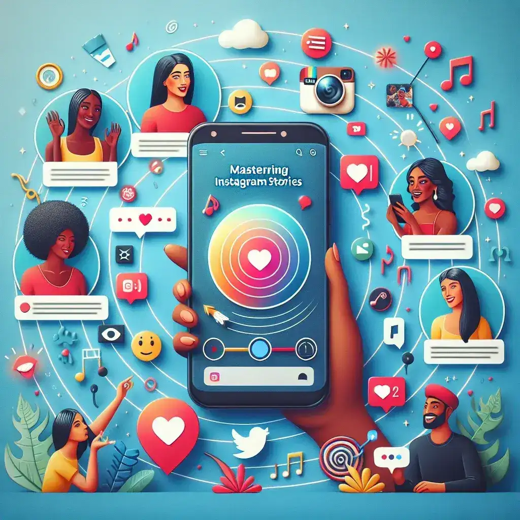 "Guía definitiva para dominar las Insta Stories y lograr un éxito viral: jóvenes creando contenido atractivo en sus teléfonos, con gráficos de crecimiento y estadísticas en pantalla."