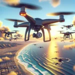 "Drone utilizado por startups españolas para la vigilancia de costas, sobrevolando la playa con un paisaje marino de fondo."