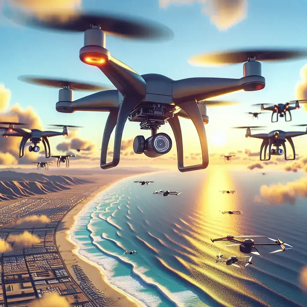 "Drone utilizado por startups españolas para la vigilancia de costas, sobrevolando la playa con un paisaje marino de fondo."
