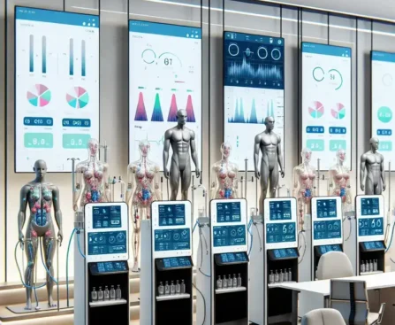 "Person using a smart hydration system while analyzing body composition data on a digital display, illustrating advancements in health technology."