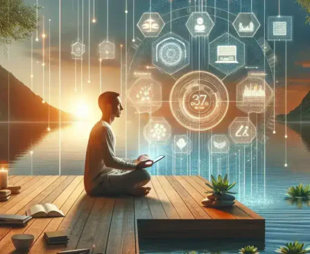 "Persona usando una aplicación de meditación en su smartphone para reducir el estrés, ilustrando la guía completa sobre cómo encontrar el equilibrio digital con tecnología."