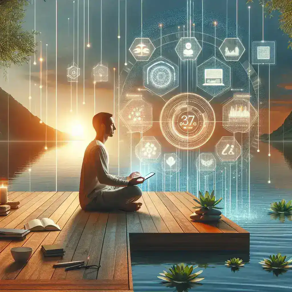 "Persona usando una aplicación de meditación en su smartphone para reducir el estrés, ilustrando la guía completa sobre cómo encontrar el equilibrio digital con tecnología."