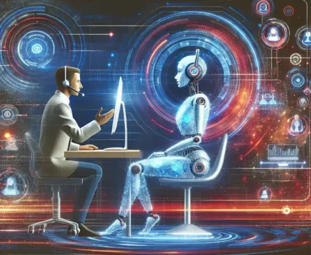 "Grupo de profesionales utilizando inteligencia artificial en el servicio al cliente, mejorando la experiencia del usuario en 2024"