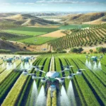 "Drone agrícola español en acción monitoreando cultivos para el control de plagas, ilustrando innovaciones tecnológicas en la agricultura sostenible."