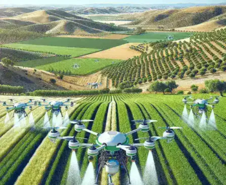 "Drone agrícola español en acción monitoreando cultivos para el control de plagas, ilustrando innovaciones tecnológicas en la agricultura sostenible."