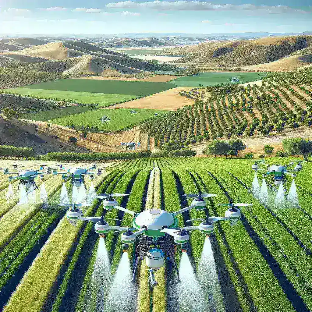 "Drone agrícola español en acción monitoreando cultivos para el control de plagas, ilustrando innovaciones tecnológicas en la agricultura sostenible."