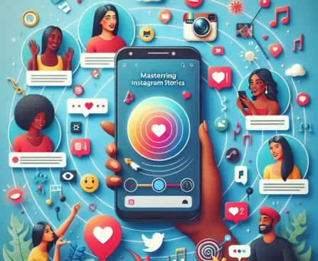 "Guía definitiva para dominar las Insta Stories y lograr un éxito viral: jóvenes creando contenido atractivo en sus teléfonos, con gráficos de crecimiento y estadísticas en pantalla."