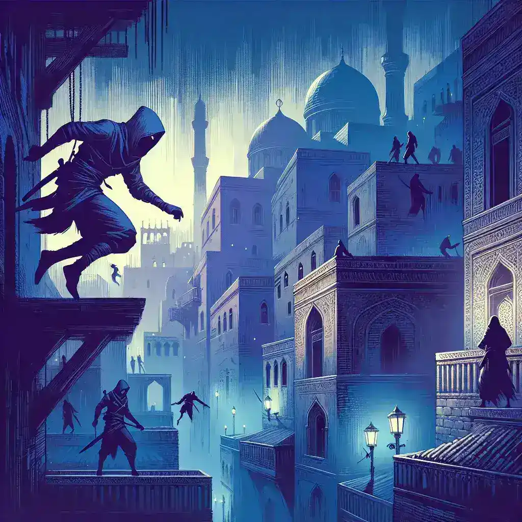 "Personaje principal de Assassin’s Creed Shadows en una escena nocturna, con arquitectura histórica de fondo y elementos de sigilo, destacando la aventura y el misterio del nuevo juego de Ubisoft."