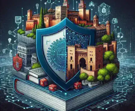 "Imagen de un profesional de ciberseguridad supervisando sistemas de defensa digital en un sitio turístico cultural en España, destacando el refuerzo de programas de ciberseguridad para proteger el turismo educativo."